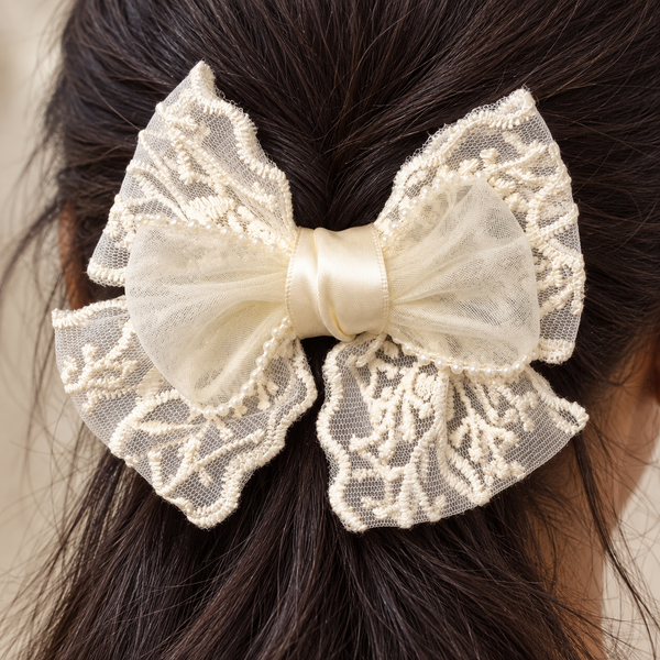 Embroidered Lace White Hair Bow Clip
