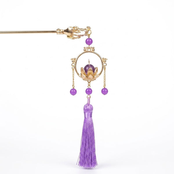 Lotus Lantern Purple Tassel Hairpin hair clip worn on model – styled for women