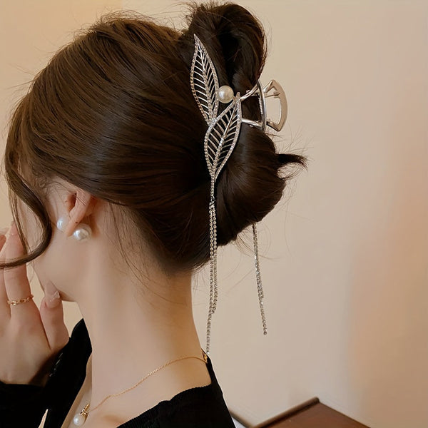Close-up of the Rhinestone Tassel Leaf Hair Claw showing leaf motif