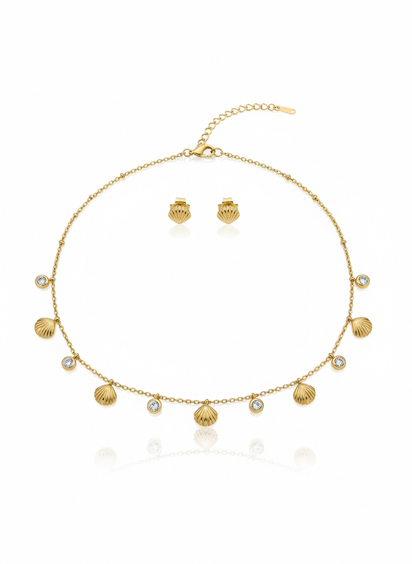 Drops of Ocean Shell Gold Necklace with Earrings