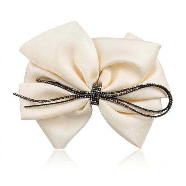 Off White Satin Crystal Bow Clip
