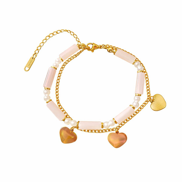 Dual pink chain gold heart bracelet