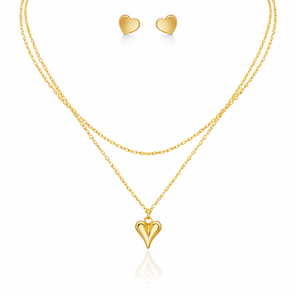 Dual chain Heart Necklace with Earrings