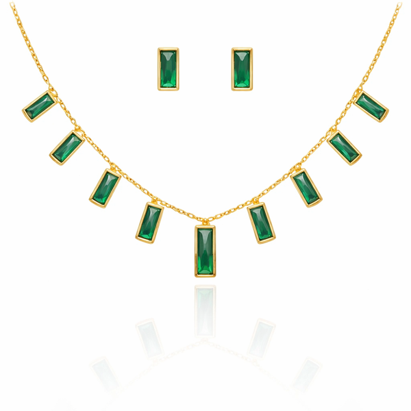 Emerald Rectangular Crystal Necklace with Earrings