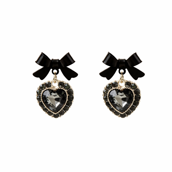 Black Bow Zirconia Crystal Heart Earrings