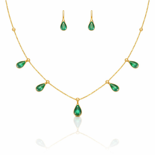 Emerald Teardrop Crystal Studded Chain Necklace with Earrings