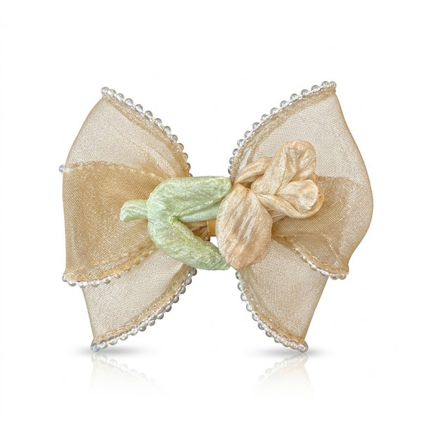 Rose Organza Hair Bow Clips hair clip worn on model – styled for women