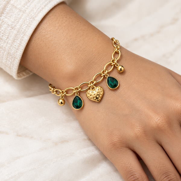 Gold Heart Emerald Drop Bracelet
