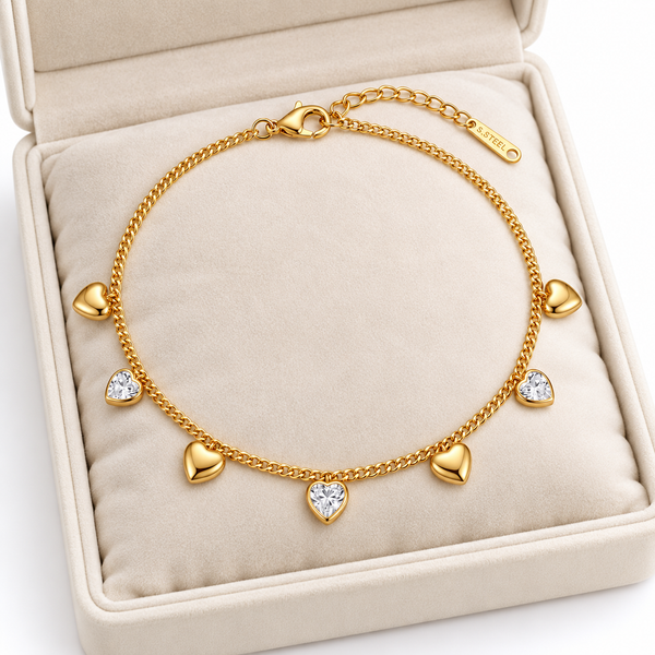 Gold Crystal Heart Charm Anklet