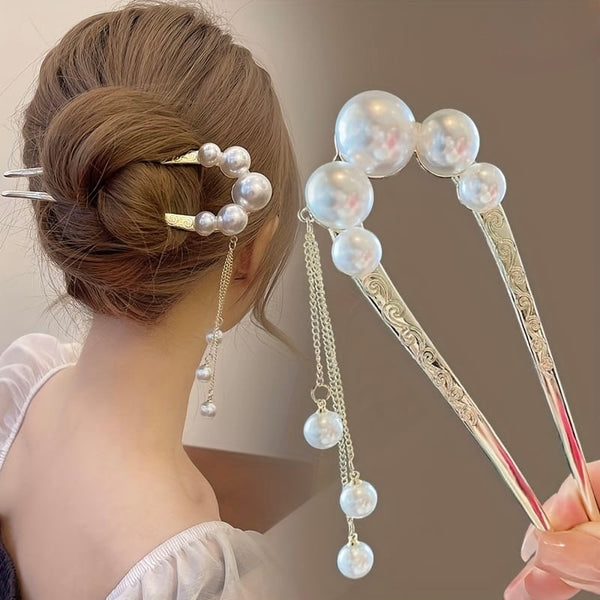 Gold U-Shaped Pearl Hair Fork with Tassel Chains – Gold gold plated hair stick for women by Fix My Hairs
