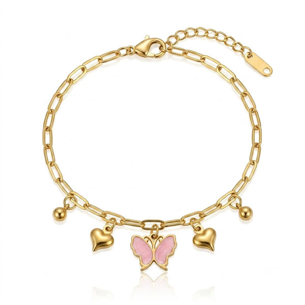 Pink Butterfly Heart Charms Bracelet