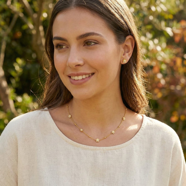 Gold Mini Flower Necklace with Earrings