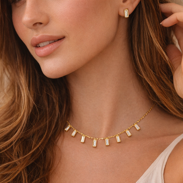 Crystal Long Charm Necklace with Earrings