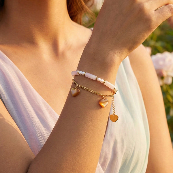 Dual pink chain gold heart bracelet
