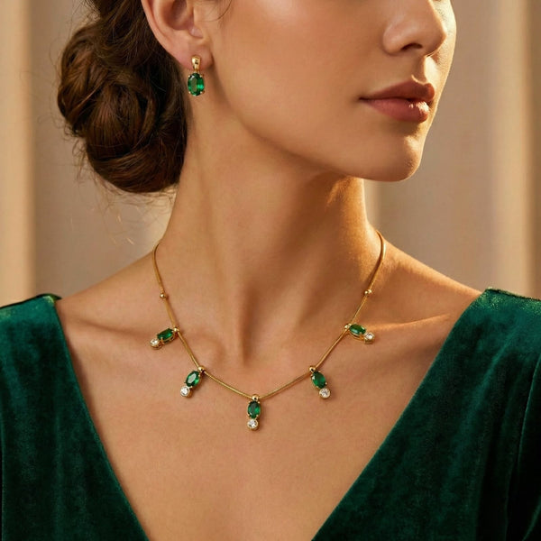 Emerald Oval Crystal Neckalce with earrings