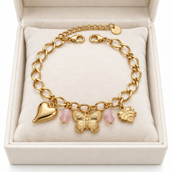 Gold Butterfly Pink Charm Bracelet