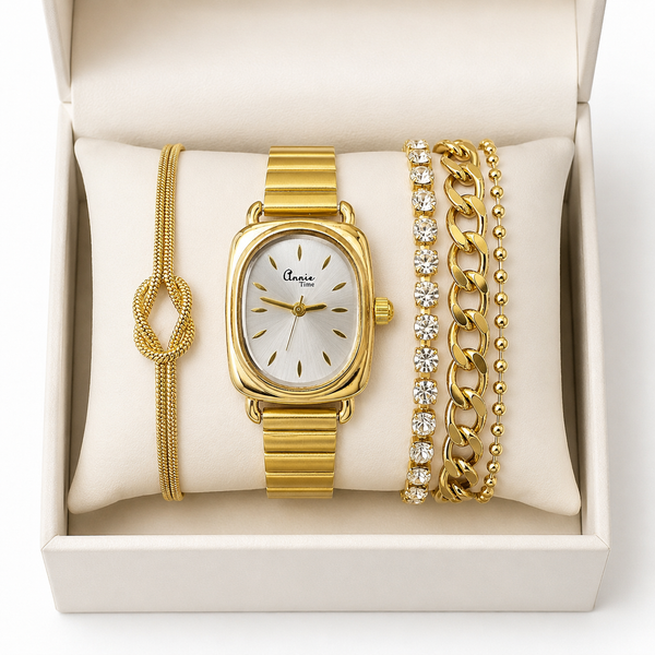WHITE DIAL ROYALE GOLD ANALOG WATCH STACK