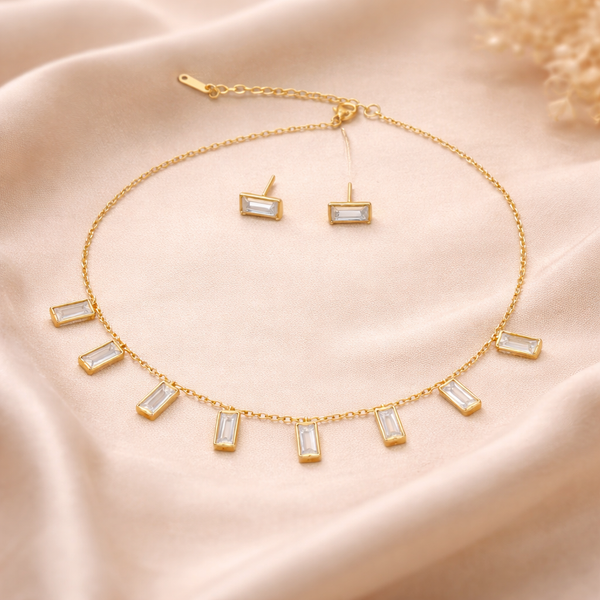 Crystal Long Charm Necklace with Earrings