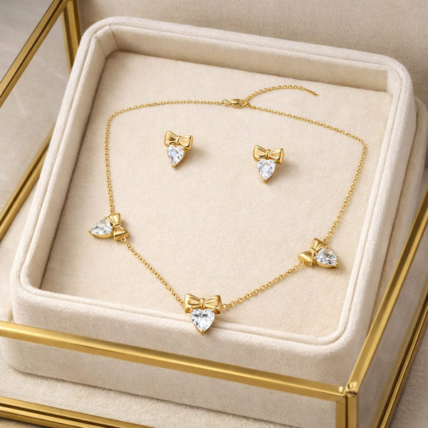 Heart Dangle Bow Necklace with Earrings