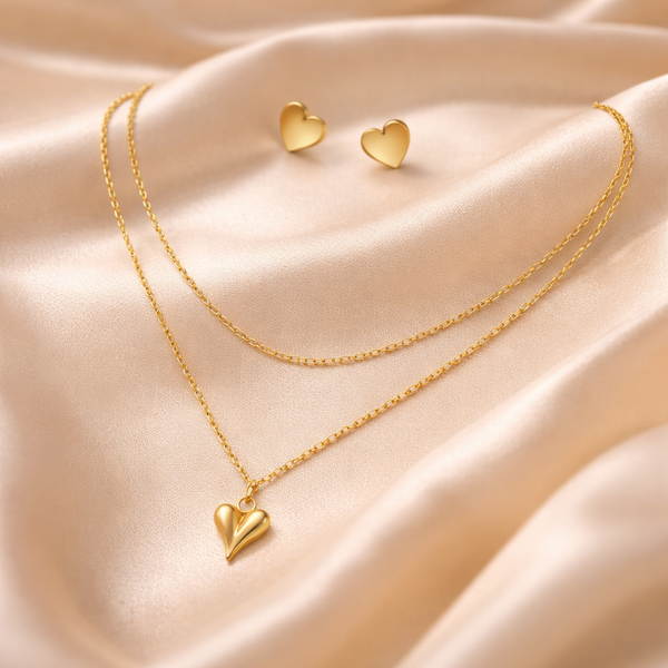 Dual chain Heart Necklace with Earrings