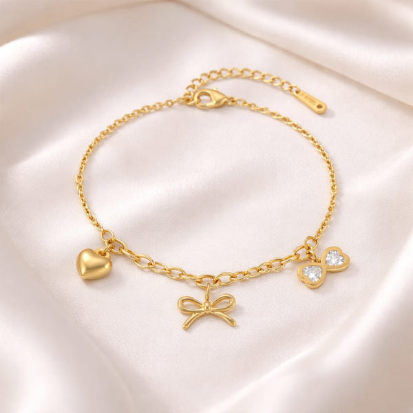 Bow heart charm link chain Bracelet