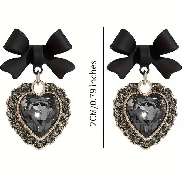 Black Bow Zirconia Crystal Heart Earrings