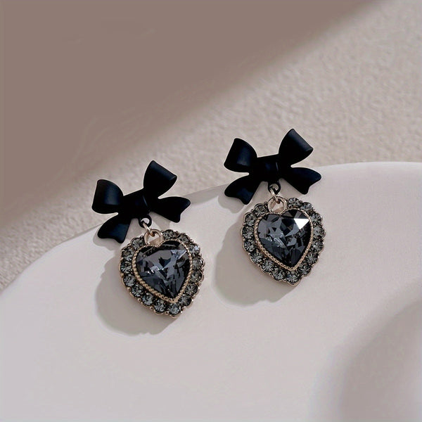 Black Bow Zirconia Crystal Heart Earrings