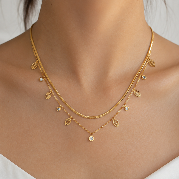 Dual Layer White Crystal Leaf Necklace