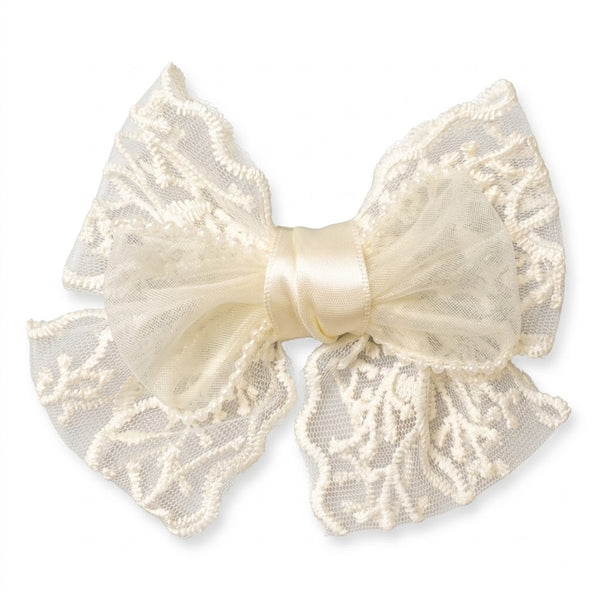 Embroidered Lace White Hair Bow Clip