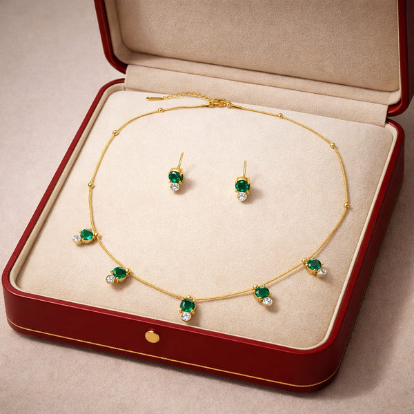 Emerald Stone Charms Necklace with Earrings