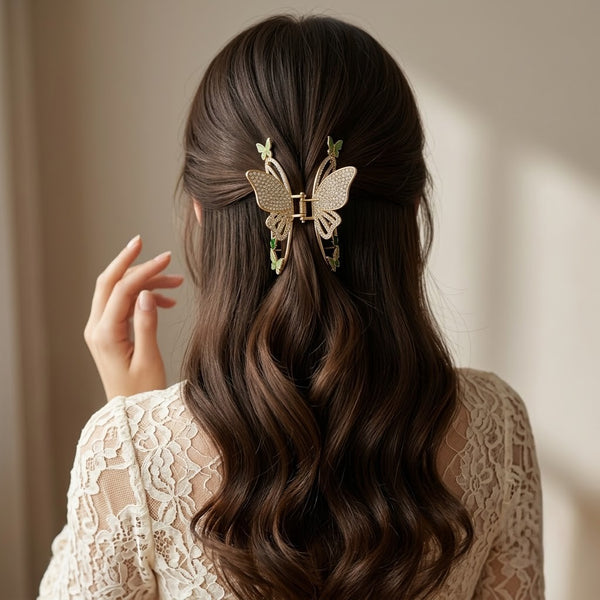 Studded Butterfly Green Hair Claw hair claw clip worn on model – styled for women