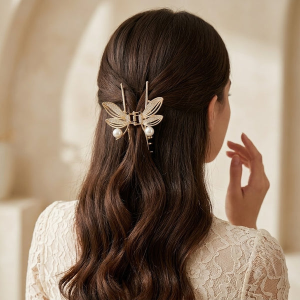 Dragonfly Embellished Metal Hair Claw hair claw clip worn on model – styled for women
