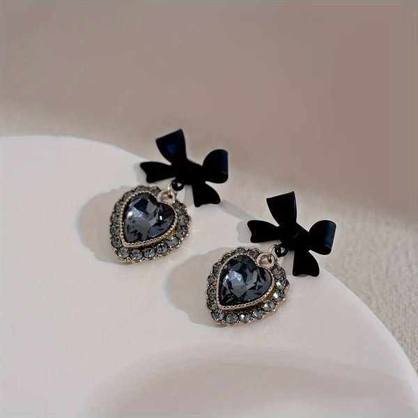 Black Bow Zirconia Crystal Heart Earrings