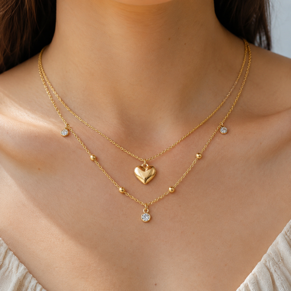 Dual Layer Gold Heart Charm Necklace