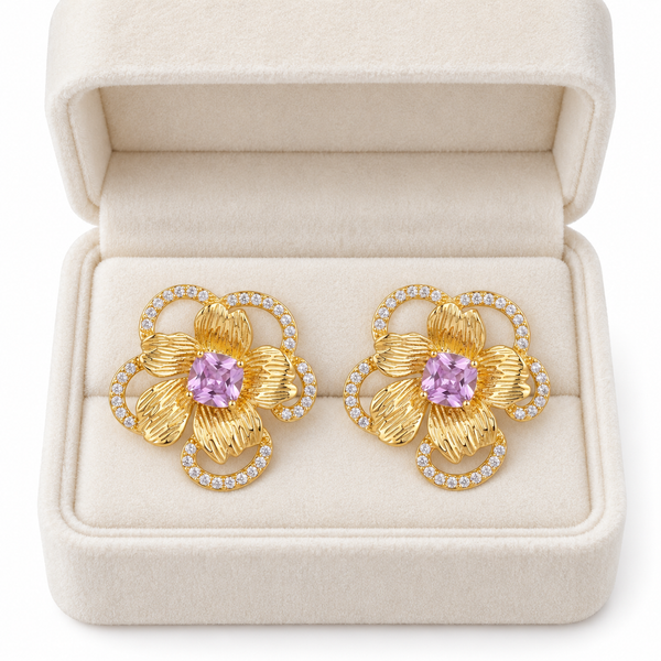 Gold Flower Lavi Crystal Earring