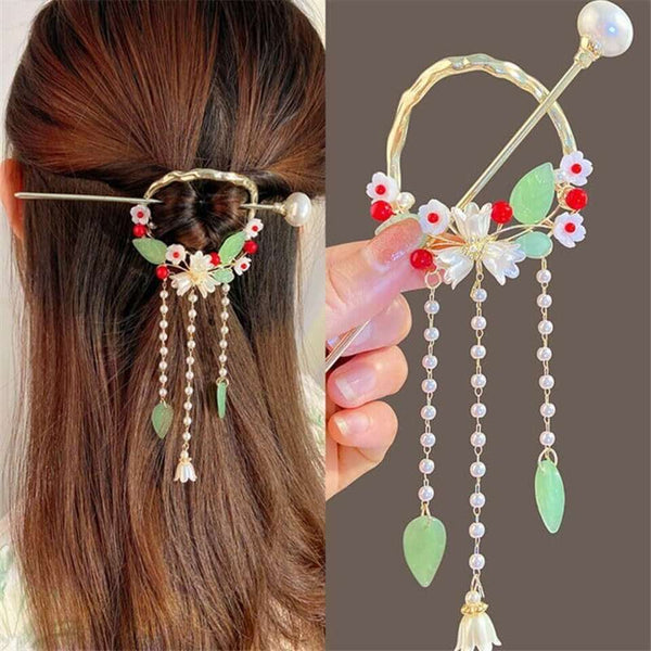 Delicate Flower Pearl Tassels Hair Stick worn on model – styled for women