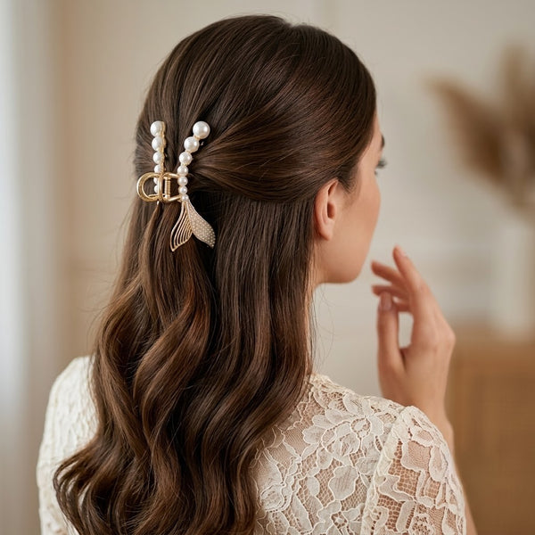 Pearly Mermaid Hair Claw hair claw clip worn on model – styled for women