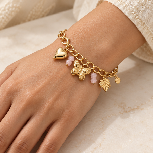 Gold Butterfly Pink Charm Bracelet