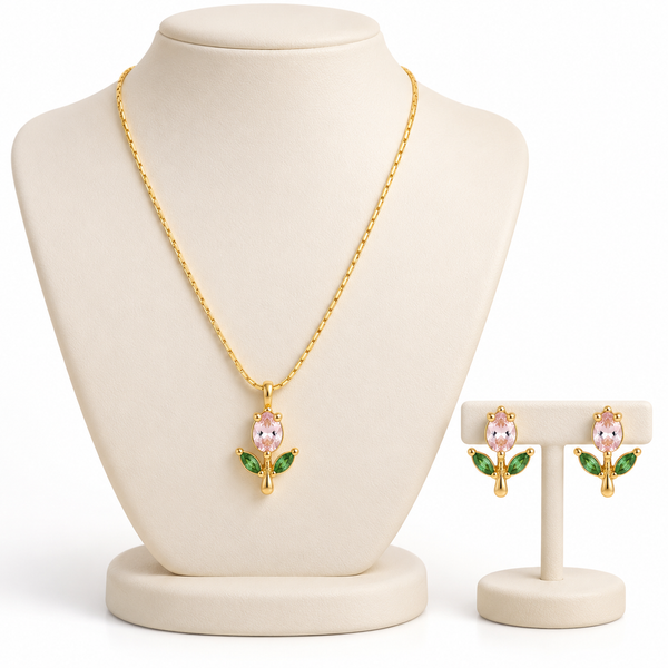 Pink Tulip Necklace with Earrings