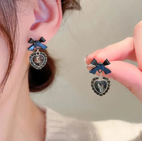 Black Bow Zirconia Crystal Heart Earrings