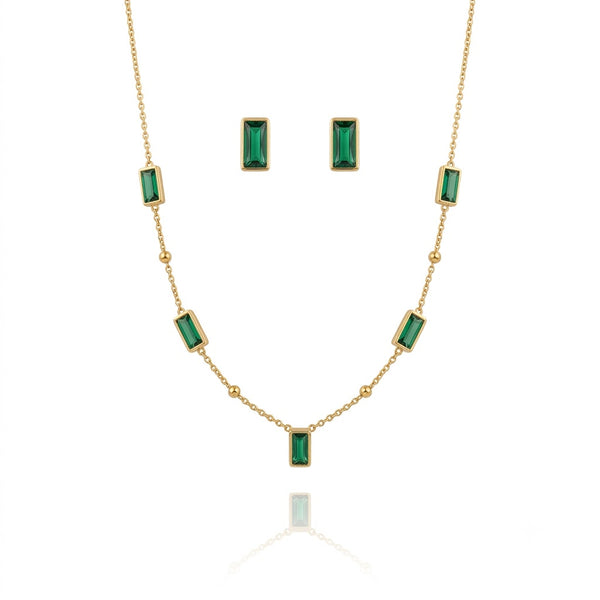 Emerald Rectangle Studded Charm Necklace with Earrings