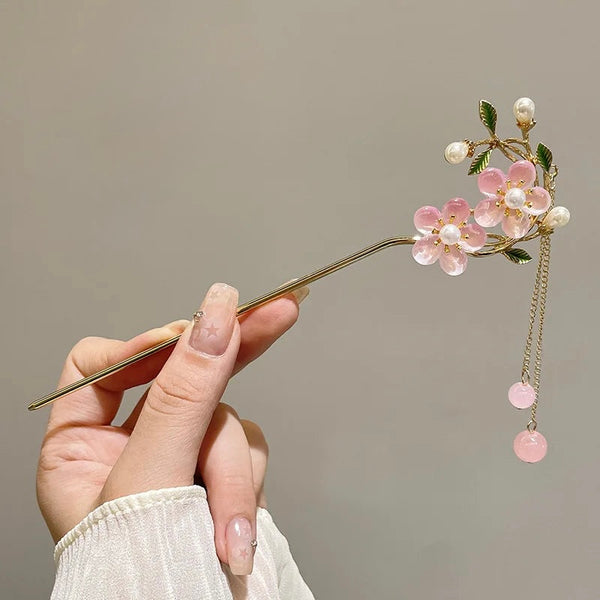 Pink Double Flower Fringe Hairpin – Pink hair clip for women by Fix My Hairs