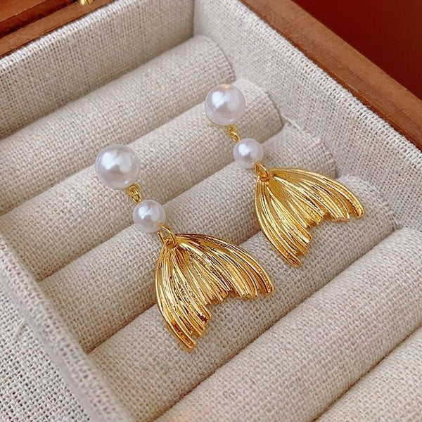 Mermaid tail and pearl dangle earrings