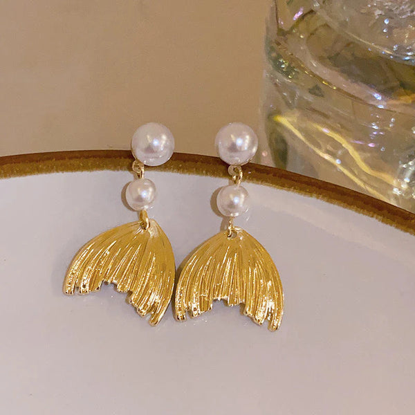 Mermaid tail and pearl dangle earrings