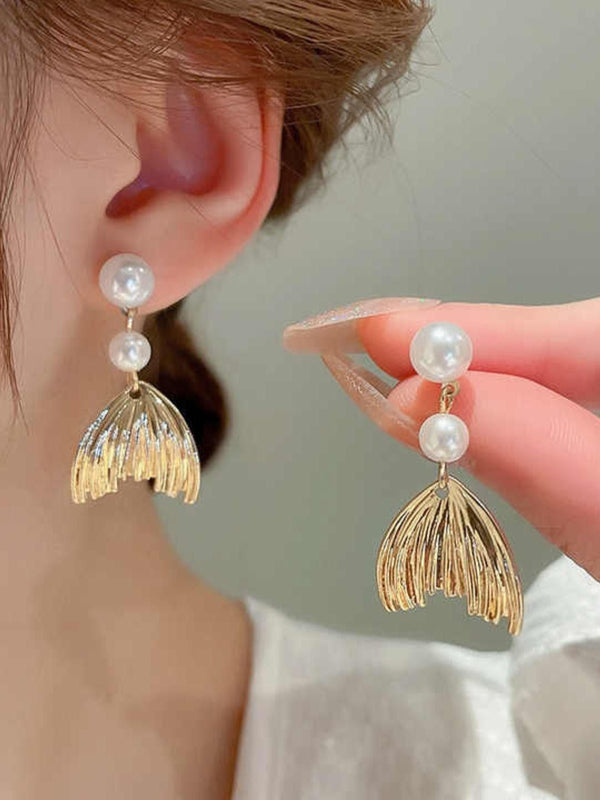Mermaid tail and pearl dangle earrings