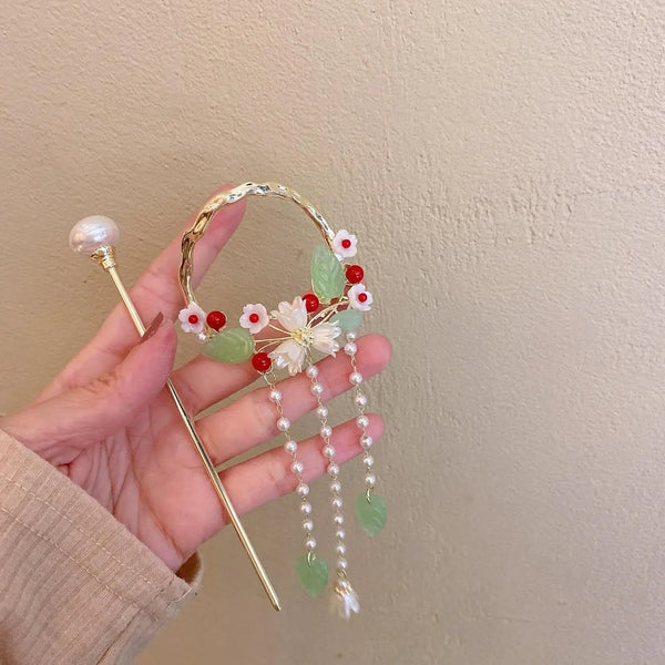 Delicate Flower Pearl Tassels Hair Stick shown with Fix My Hairs gift packaging