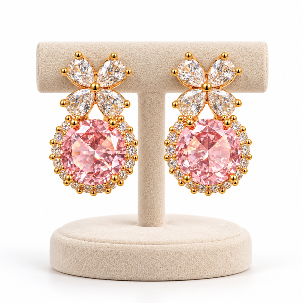 Pink Ball Crystal Flower Earrings
