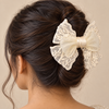 Embroidered Lace White Hair Bow Clip