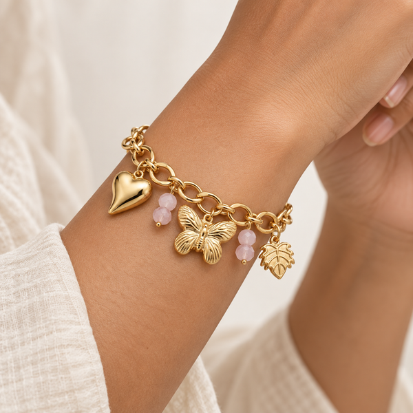 Gold Butterfly Pink Charm Bracelet