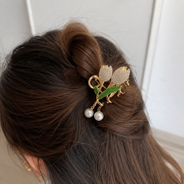Studded Tulip Pearl Hair Clip hair barrette shown with Fix My Hairs gift packaging
